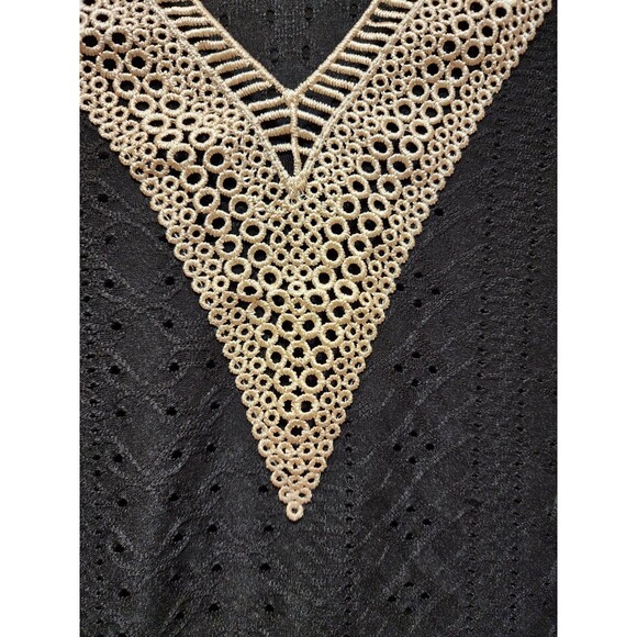 Women XXL Black Beige Shirt V-Neck Eyelet Embroided Petal Sleeve Boho Beach Chic - Picture 5 of 12